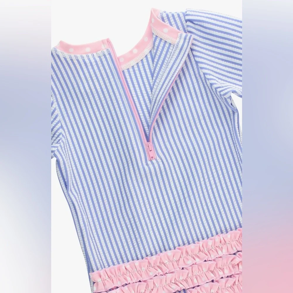 Ruffle Butts Seersucker One-Piece Rashguard Swimsuit NWOT 3-6 months